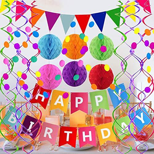 Happy Birthday Banner with Colorful Paper Flag Bunting Paper Circle Confetti Garland Swirl Streamers Honeycomb Ball for Birthday Party - If you say i do