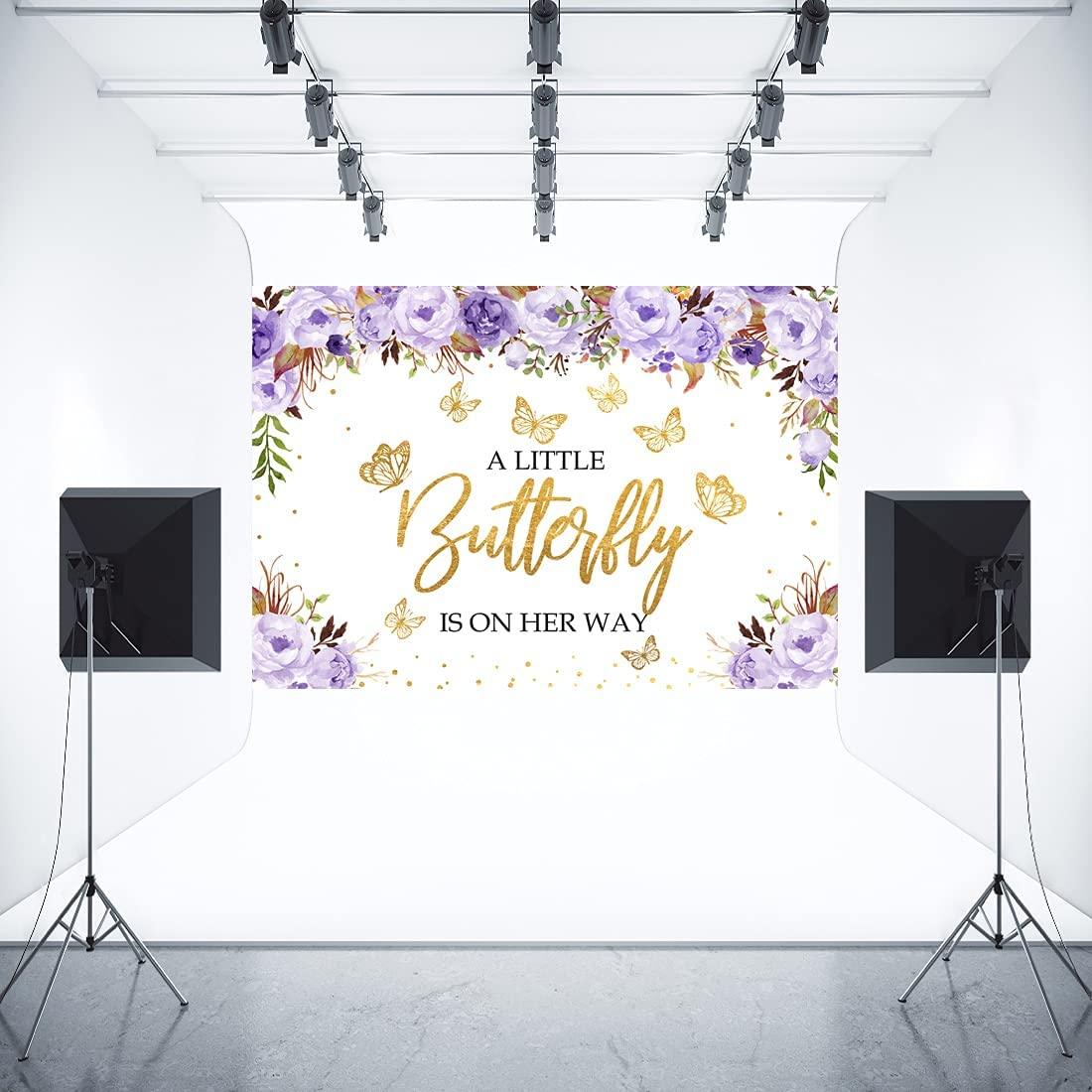 A Little Butterfly is On The Way Baby Shower Backdrop Purple Floral Gold Dots Girls Princess Photography Background - If you say i do