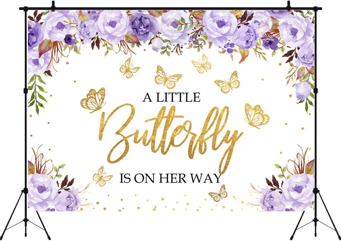 A Little Butterfly is On The Way Baby Shower Backdrop Purple Floral Gold Dots Girls Princess Photography Background - If you say i do