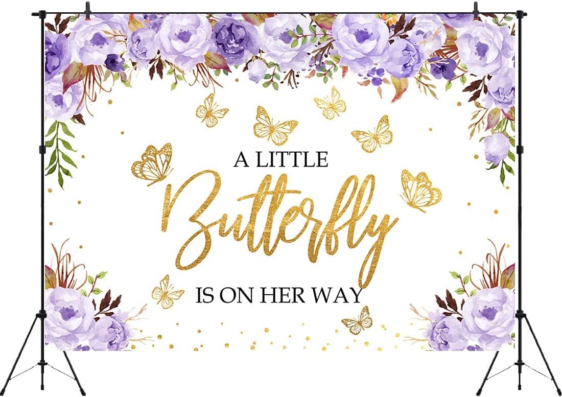 A Little Butterfly is On The Way Baby Shower Backdrop Purple Floral Gold Dots Girls Princess Photography Background - If you say i do