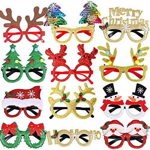 12 Pcs Christmas Glasses Glitter Party Glasses Frames Christmas Decoration Costume Eyeglasses for Christmas Parties Holiday Favors Photo Booth (One