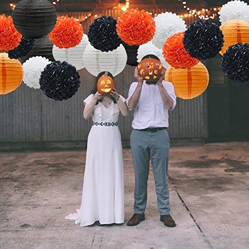 Hanging Party Decorations Set, 15pcs Orange Black White Paper Flowers Pom Poms Balls and Paper Lanterns - If you say i do