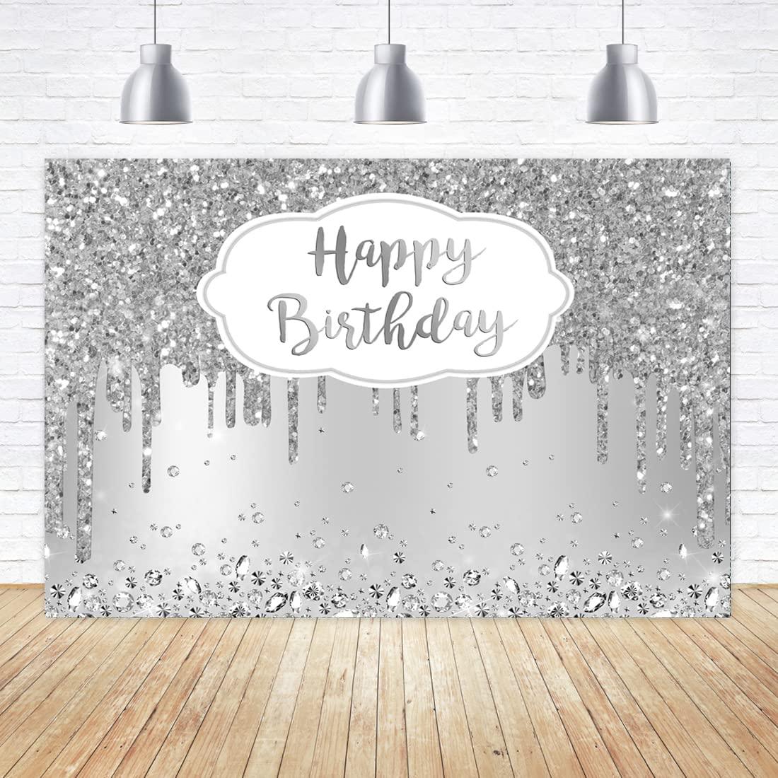 Happy Birthday Backdrop Banner, Navy Blue and Silver Glitter Birthday Party