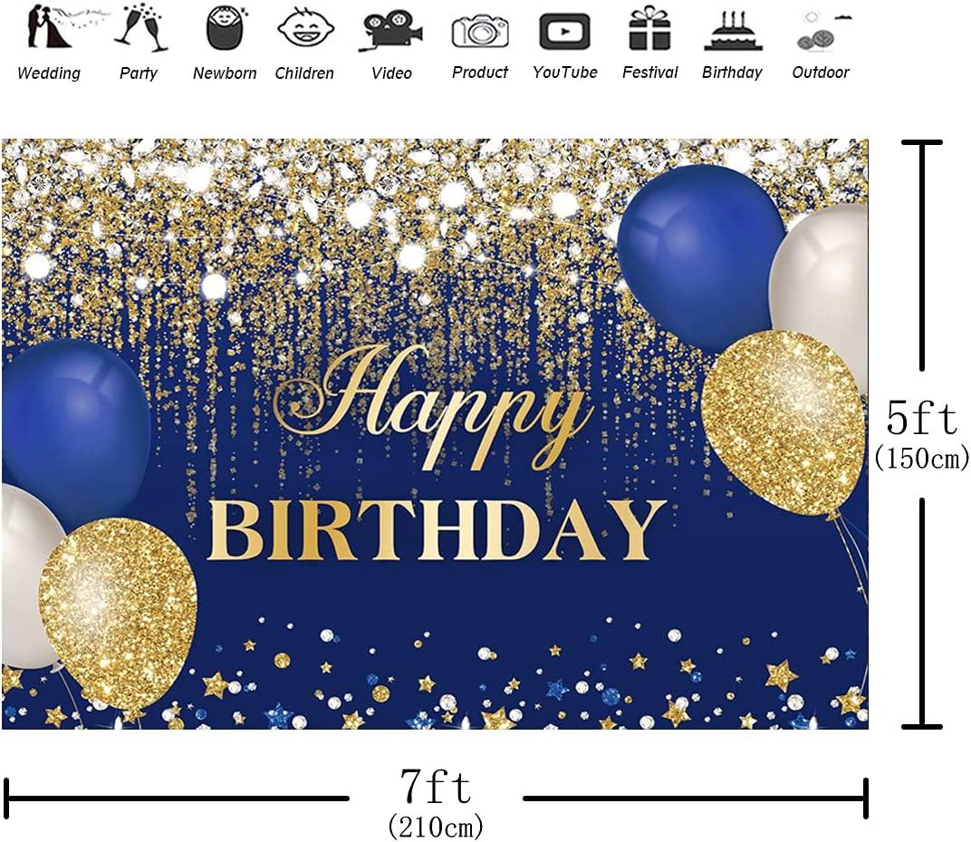 Blue and Gold Happy Birthday Backdrop Glitter Golden Dots Diamonds Balloons Sweet 16 Bday Photography Background - If you say i do