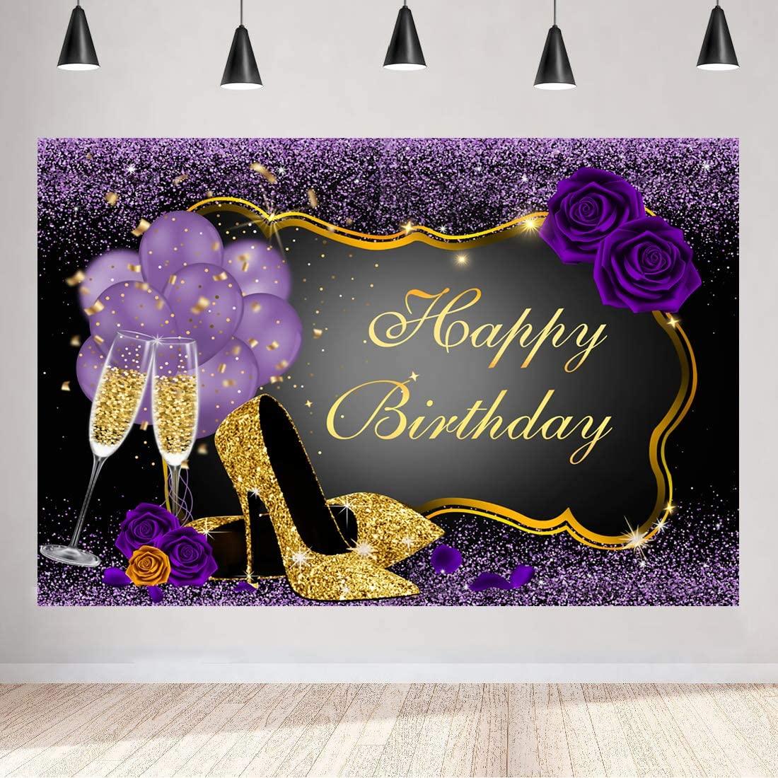 Sweet Purple Happy Birthday Backdrop Rose Shiny Sequin High Heels Champagne Golden Frame Glasses Photography Background - If you say i do