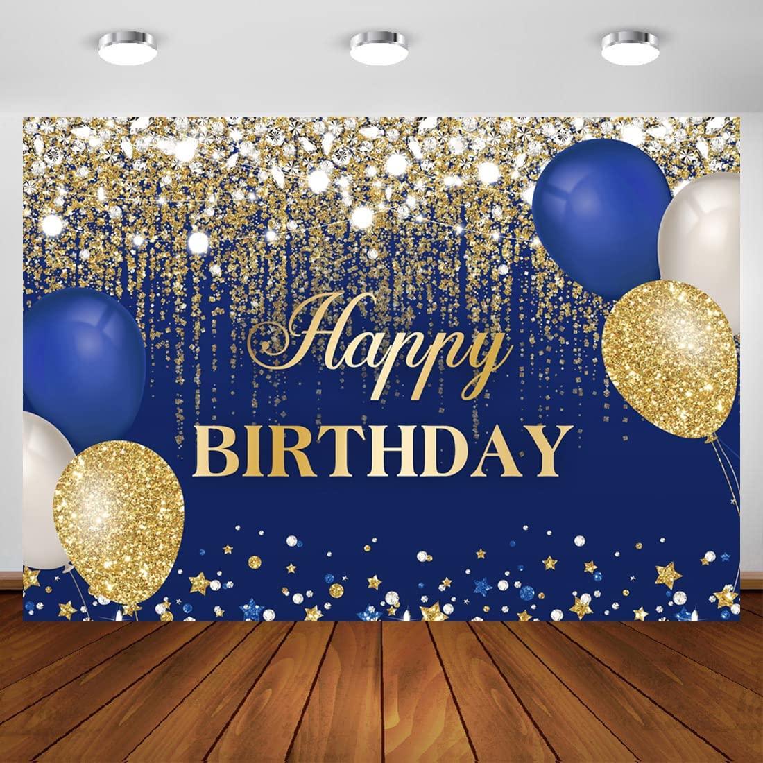 Blue and Gold Happy Birthday Backdrop Glitter Golden Dots Diamonds Balloons Sweet 16 Bday Photography Background - If you say i do