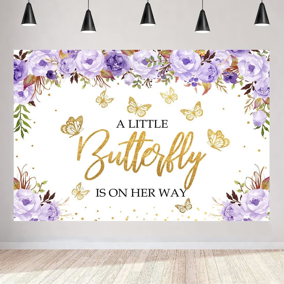 A Little Butterfly is On The Way Baby Shower Backdrop Purple Floral Gold Dots Girls Princess Photography Background - If you say i do