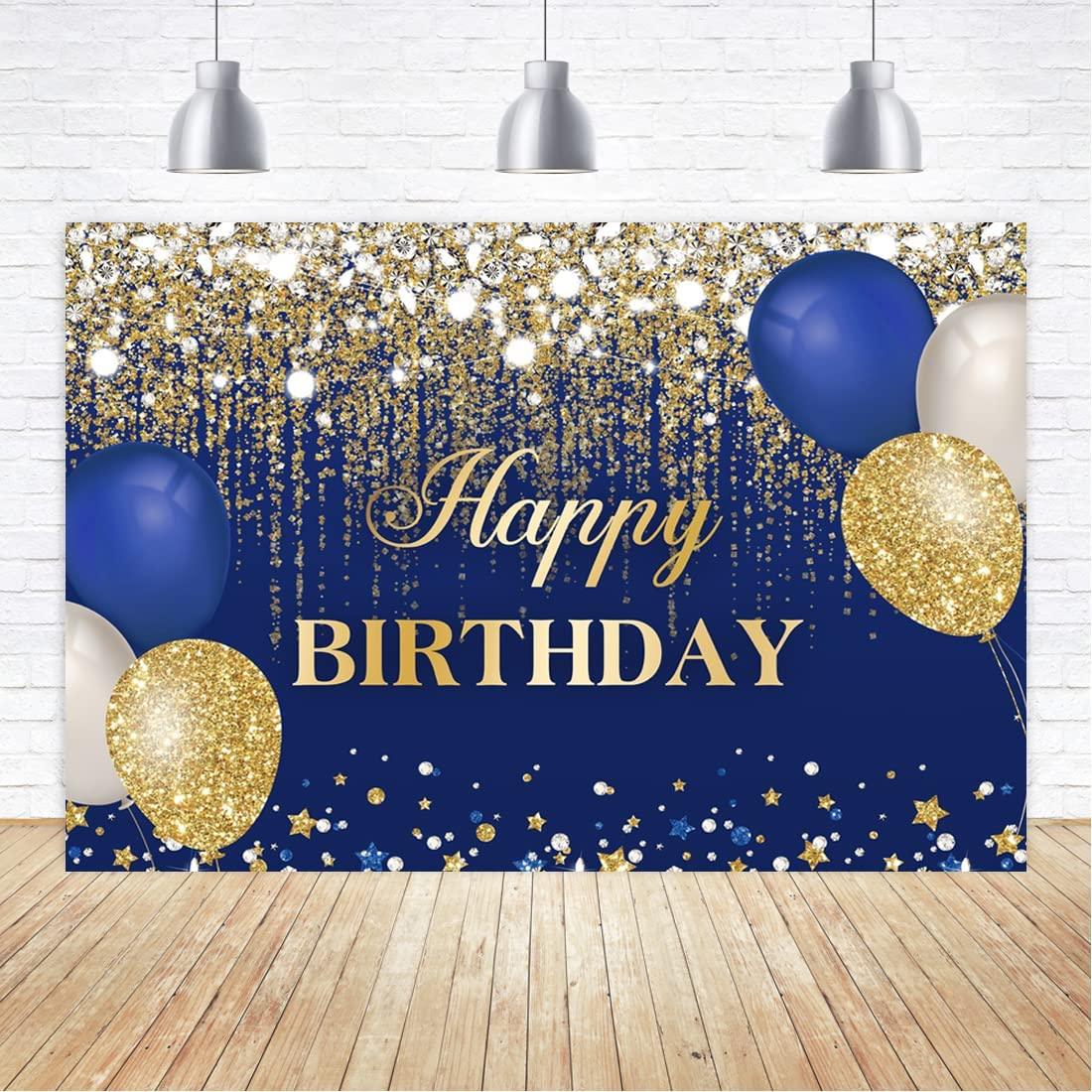 Blue and Gold Happy Birthday Backdrop Glitter Golden Dots Diamonds Balloons Sweet 16 Bday Photography Background