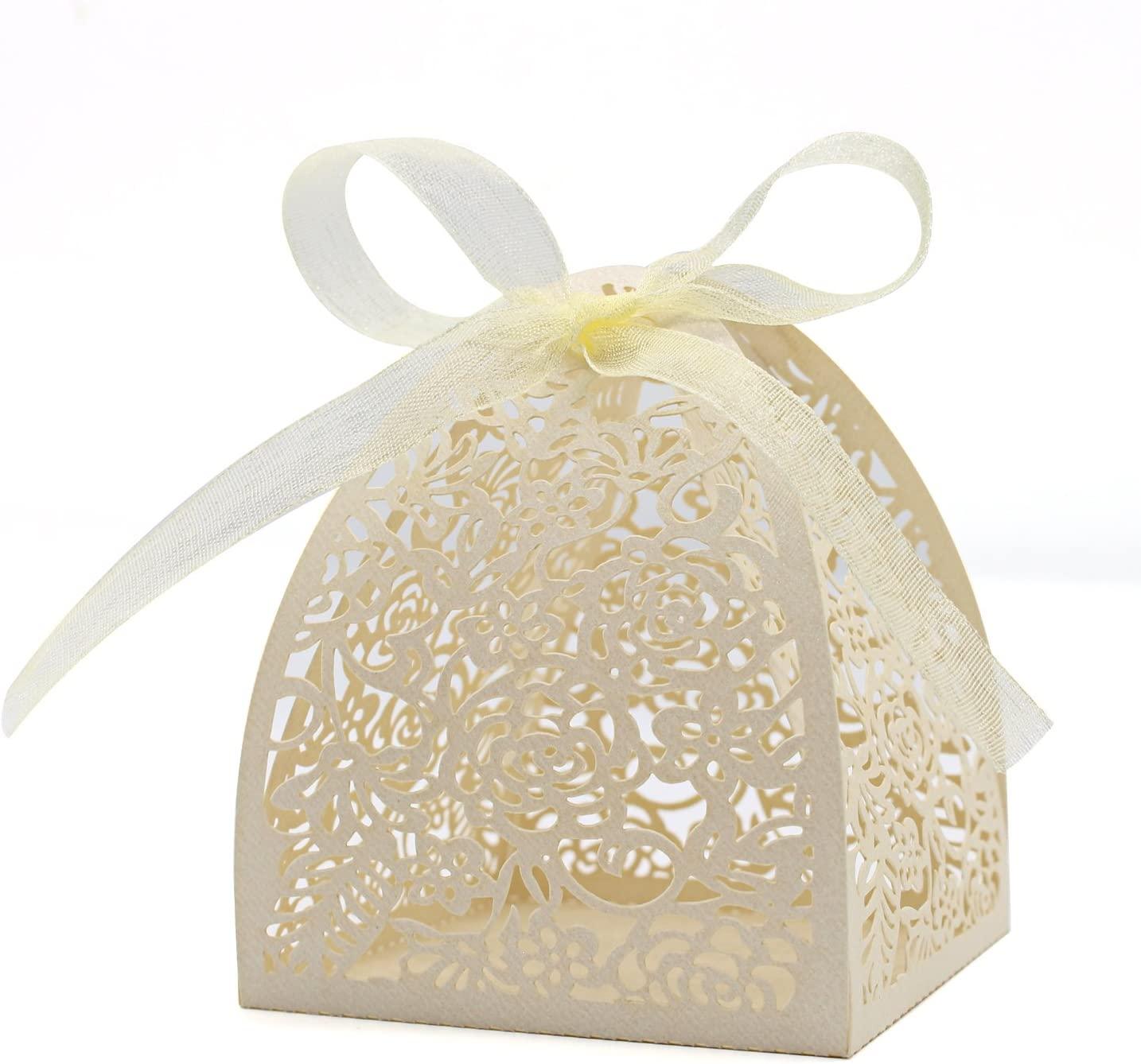 100pcs Laser Cut Rose Candy Boxes, Favor Boxes 2.5"x 2.5"x 3.1", Gift Boxes for Bridal Shower Wedding - If you say i do