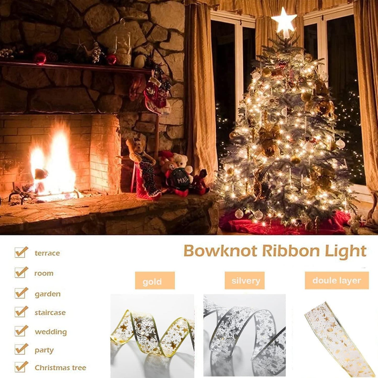 Christmas Ribbon Lights 32ft (2X16ft) 100 LED Lights Battery Powered Copper Wire Ribbon Bows String Lights - If you say i do