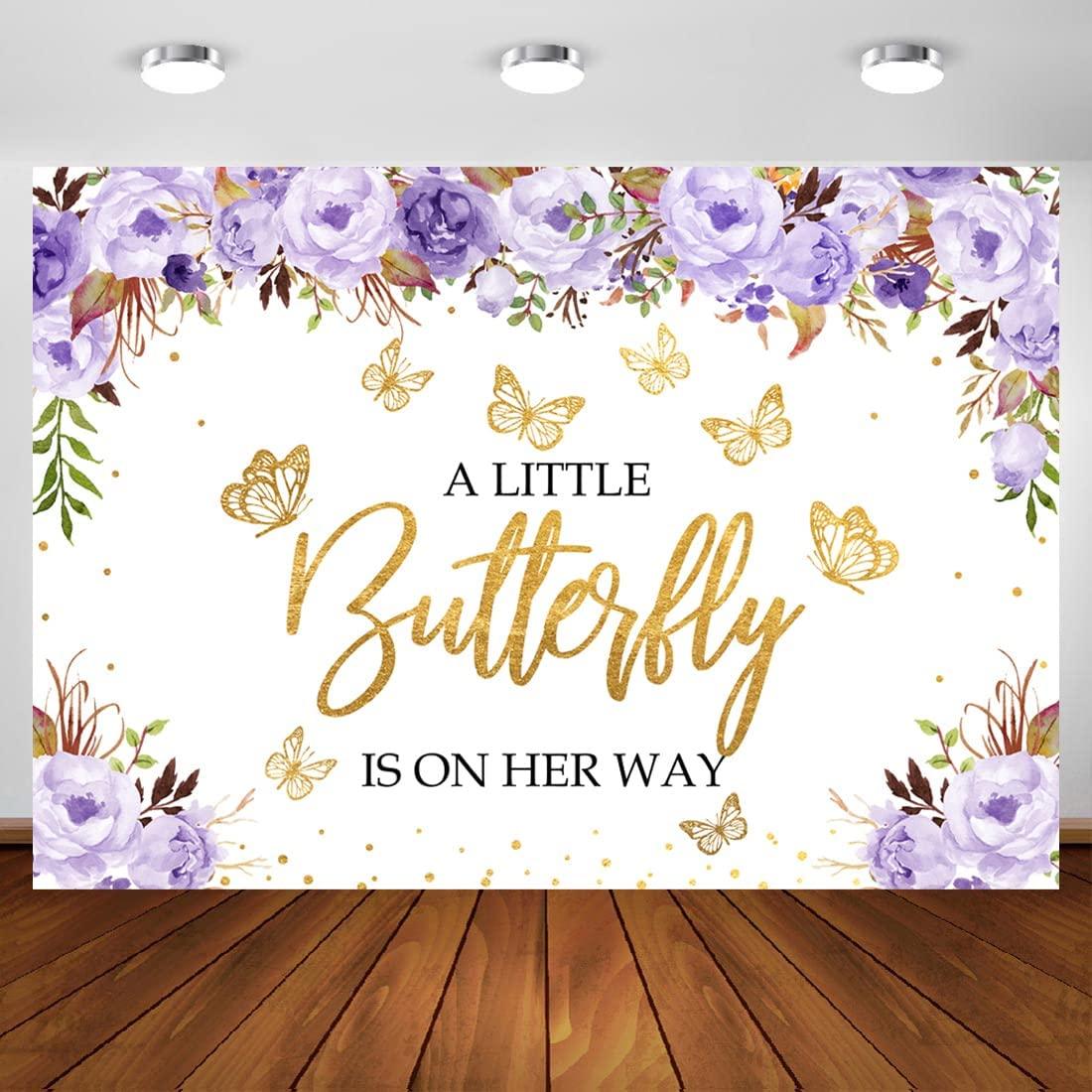 A Little Butterfly is On The Way Baby Shower Backdrop Purple Floral Gold Dots Girls Princess Photography Background - If you say i do