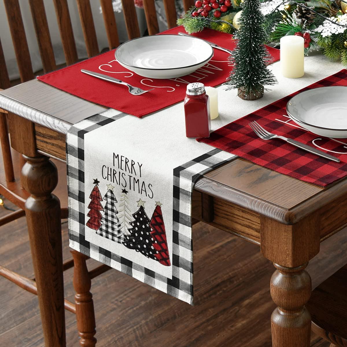 Waterclor Buffalo Plaid Christmas Trees Merry Xmas Table Runner, Seasonal Winter Holiday - If you say i do