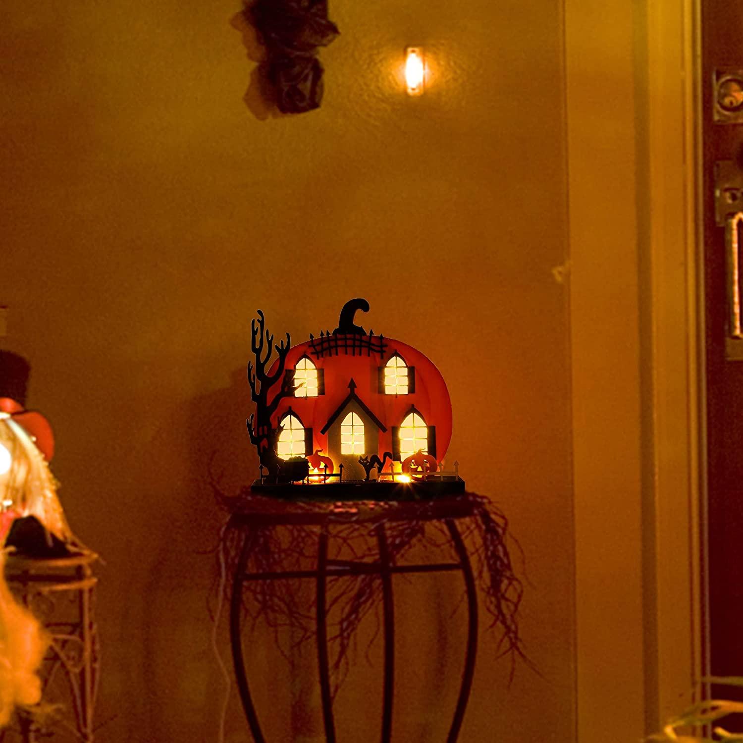 Home Halloween Tabletop Decoration, Wooden Lighted Pumpkin House Decoration - If you say i do