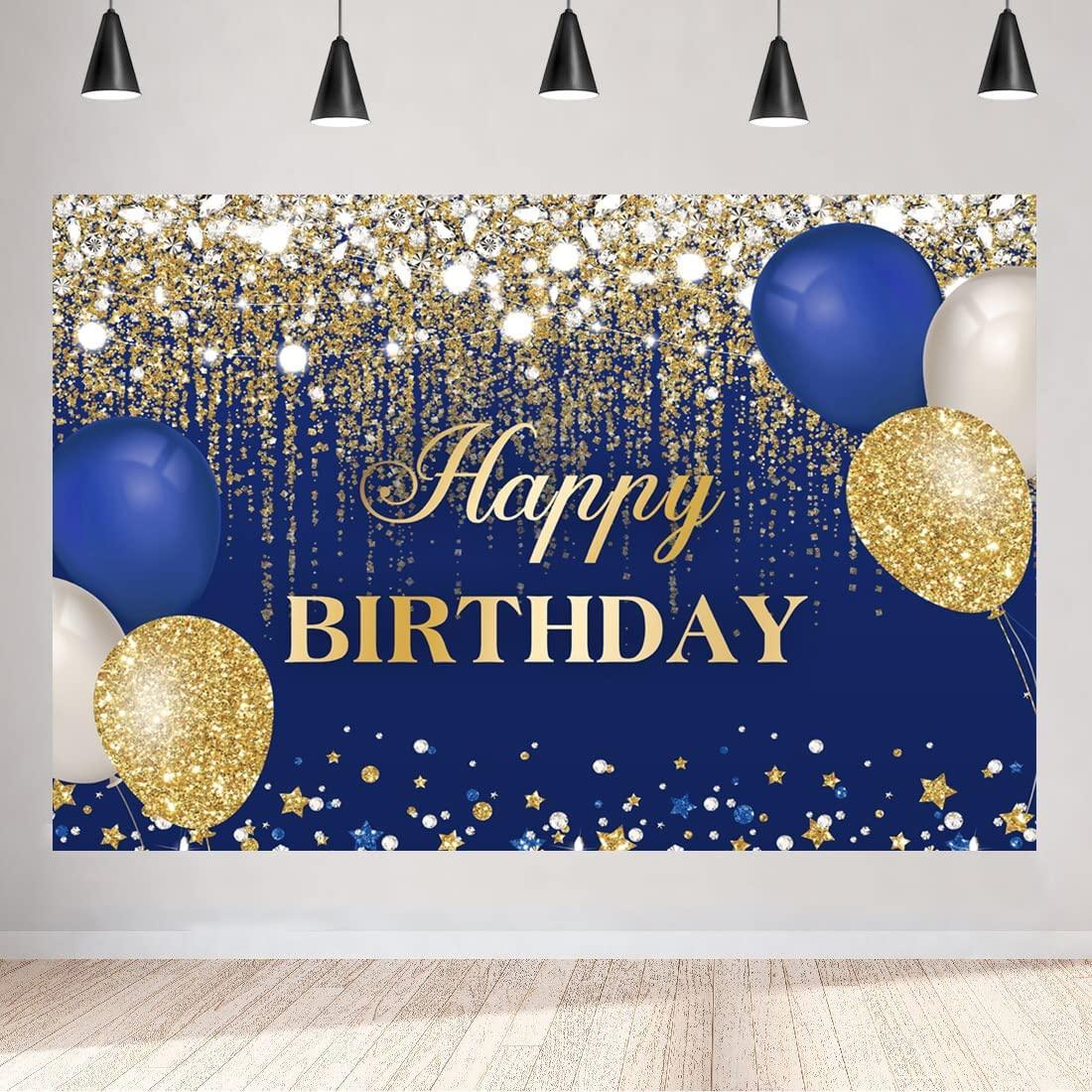 Blue and Gold Happy Birthday Backdrop Glitter Golden Dots Diamonds Balloons Sweet 16 Bday Photography Background - If you say i do