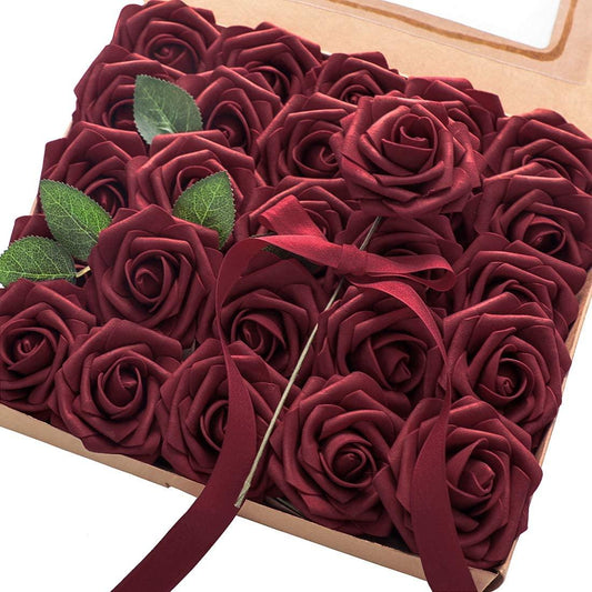 Artificial Flowers 25pcs Real Looking Burgundy Foam Fake Roses with Stems for DIY Wedding Bouquets Red Bridal Shower Centerpieces Party Decorations - If you say i do