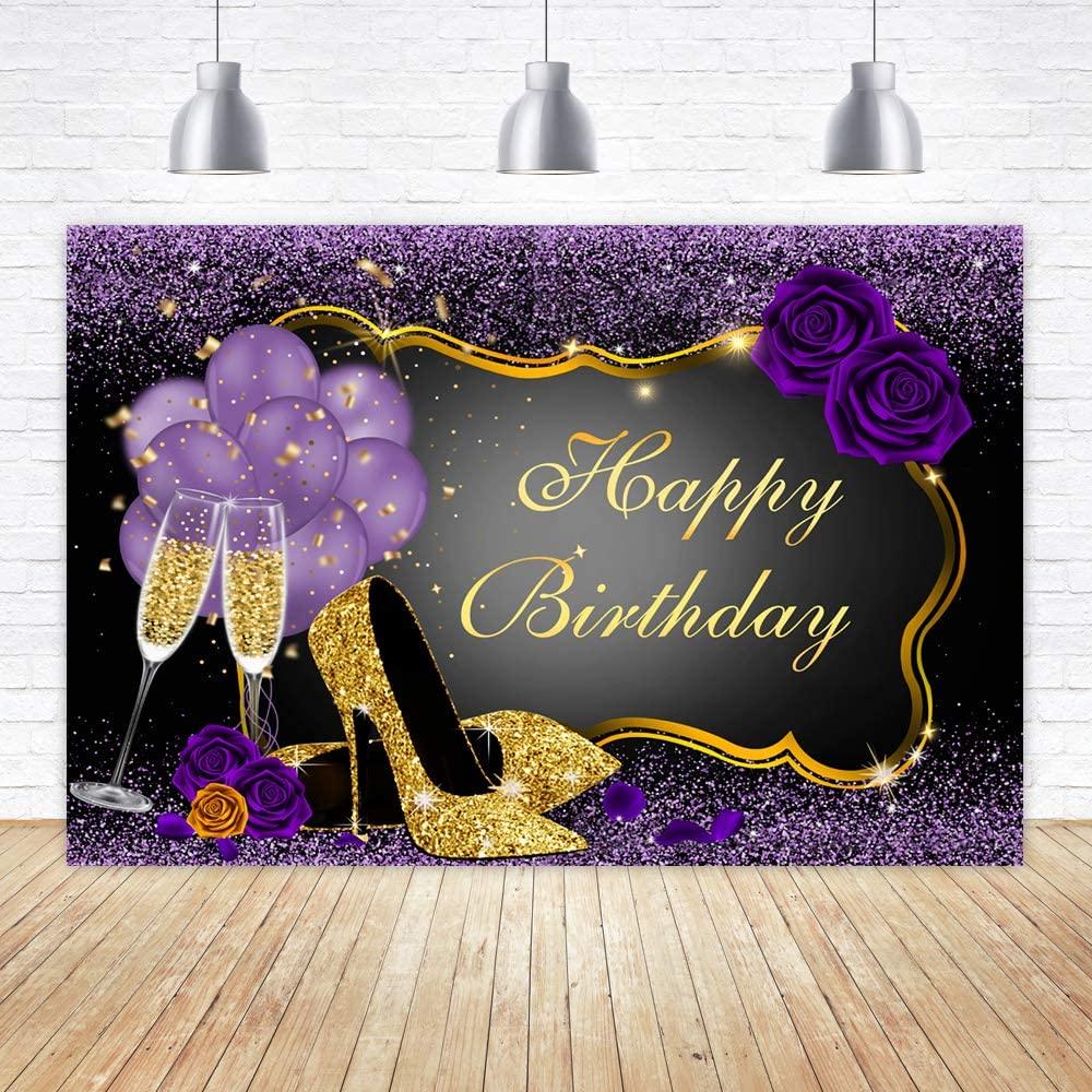 Sweet Purple Happy Birthday Backdrop Rose Shiny Sequin High Heels Champagne Golden Frame Glasses Photography Background - If you say i do