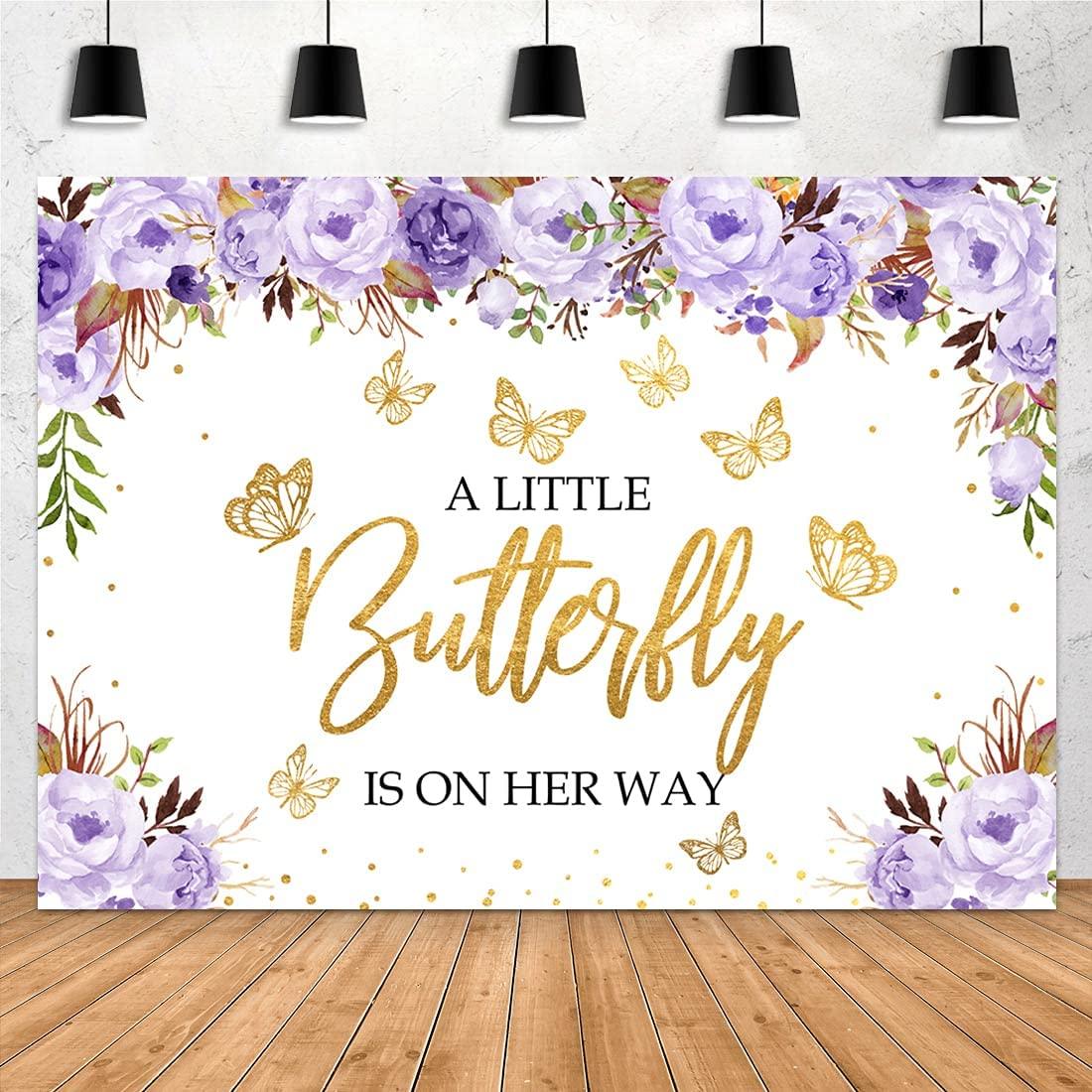 A Little Butterfly is On The Way Baby Shower Backdrop Purple Floral Gold Dots Girls Princess Photography Background - If you say i do