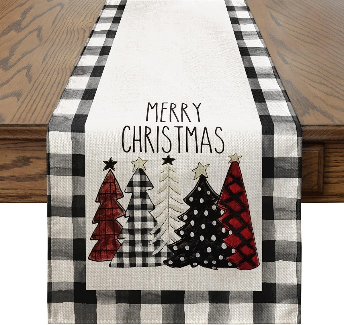 Waterclor Buffalo Plaid Christmas Trees Merry Xmas Table Runner, Seasonal Winter Holiday - If you say i do