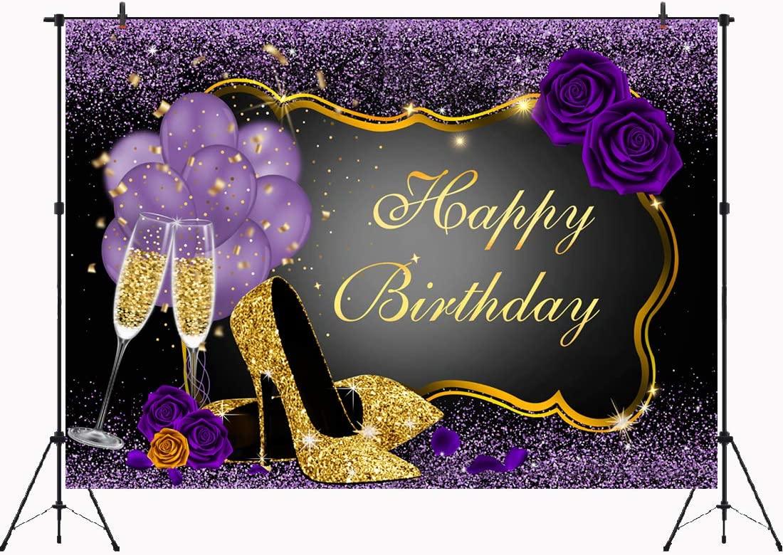 Sweet Purple Happy Birthday Backdrop Rose Shiny Sequin High Heels Champagne Golden Frame Glasses Photography Background - If you say i do