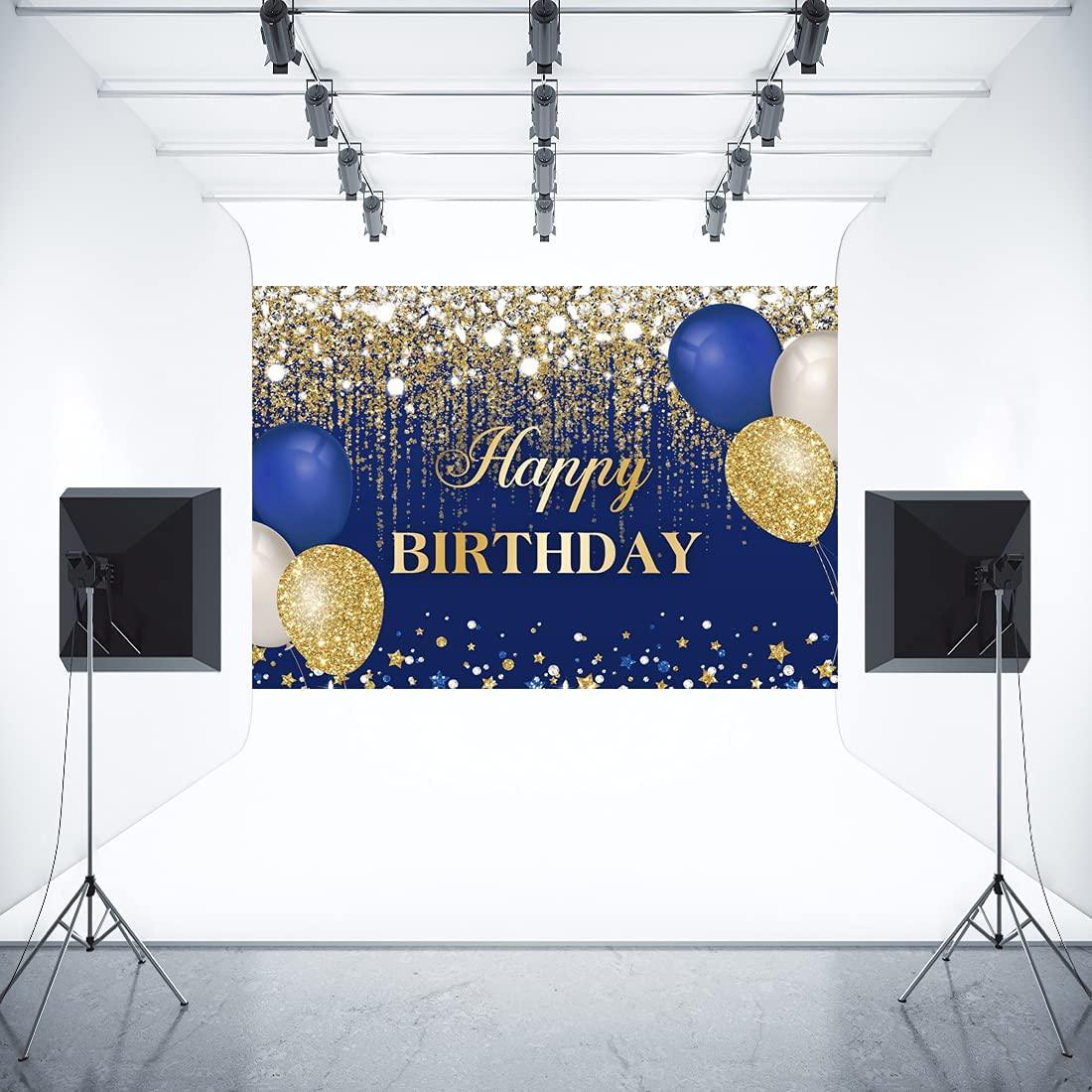 Blue and Gold Happy Birthday Backdrop Glitter Golden Dots Diamonds Balloons Sweet 16 Bday Photography Background - If you say i do