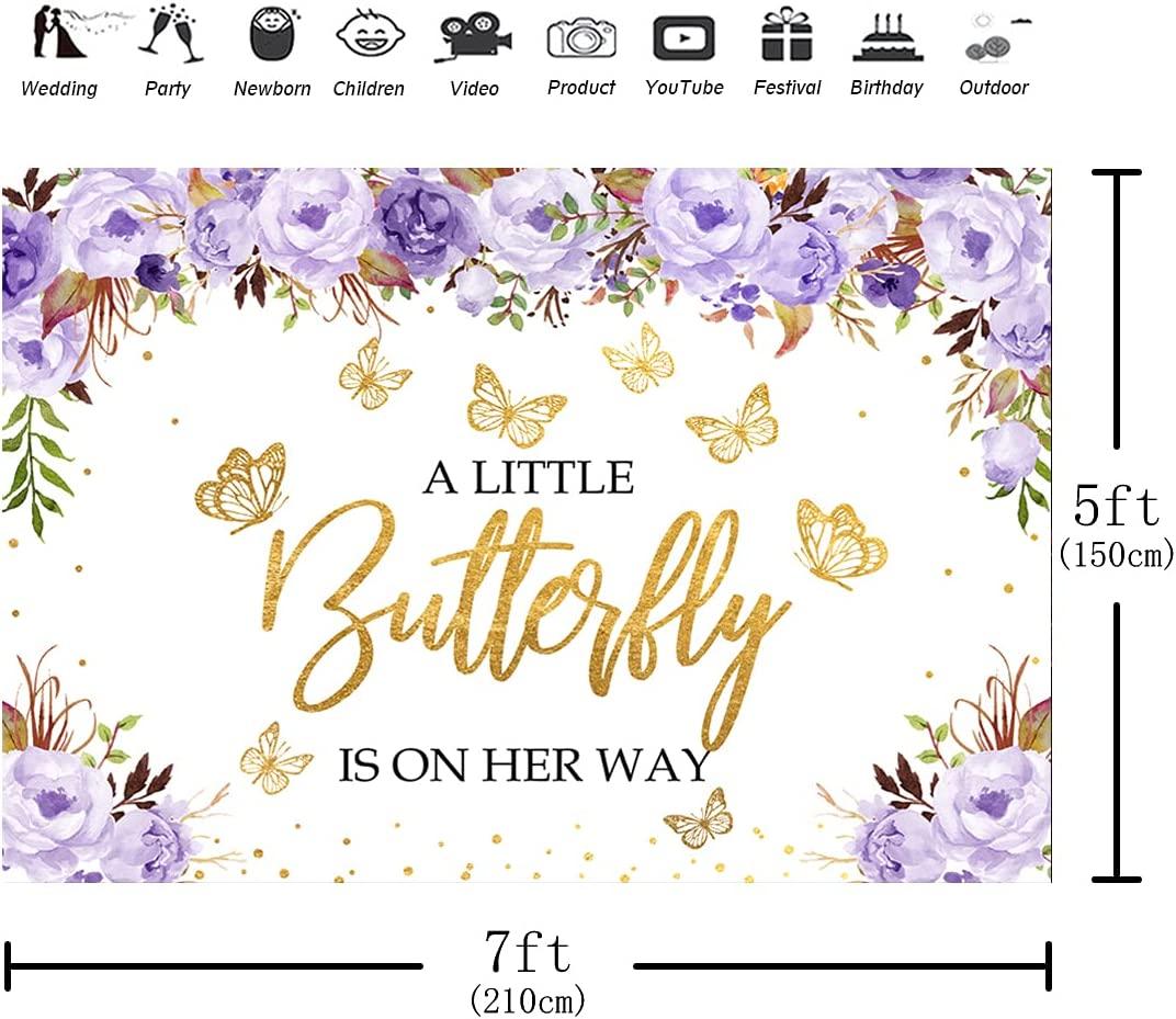 A Little Butterfly is On The Way Baby Shower Backdrop Purple Floral Gold Dots Girls Princess Photography Background - If you say i do