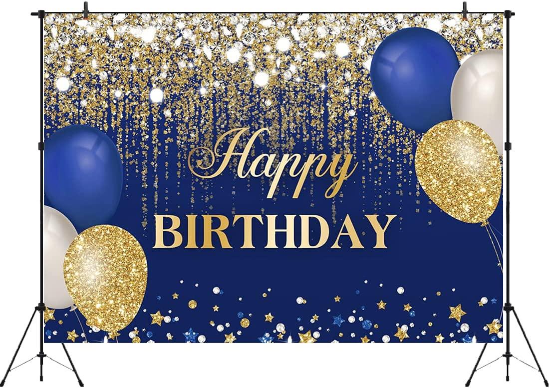 Blue and Gold Happy Birthday Backdrop Glitter Golden Dots Diamonds Balloons Sweet 16 Bday Photography Background - If you say i do