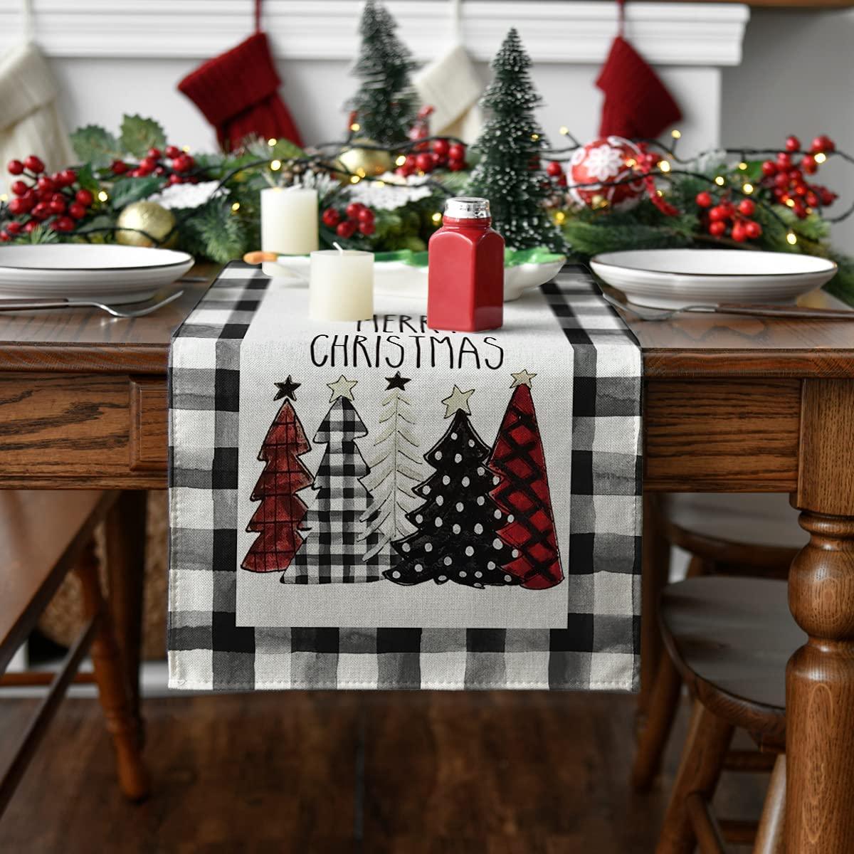 Waterclor Buffalo Plaid Christmas Trees Merry Xmas Table Runner, Seasonal Winter Holiday - If you say i do