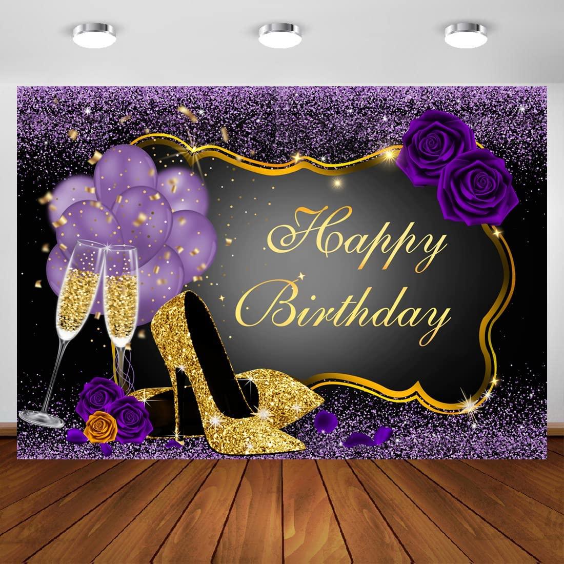 Sweet Purple Happy Birthday Backdrop Rose Shiny Sequin High Heels Champagne Golden Frame Glasses Photography Background - If you say i do