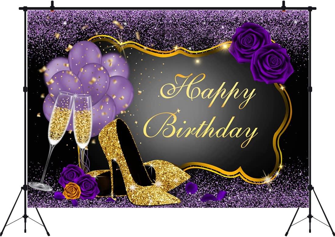 Sweet Purple Happy Birthday Backdrop Rose Shiny Sequin High Heels Champagne Golden Frame Glasses Photography Background - If you say i do