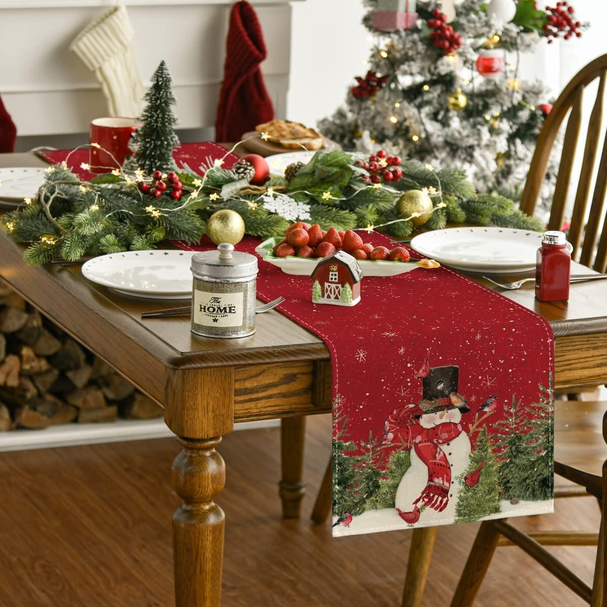 Snowman Christmas Birds Trees Table Runner, Winter Xmas Holiday Kitchen Dining Table Decoration - If you say i do