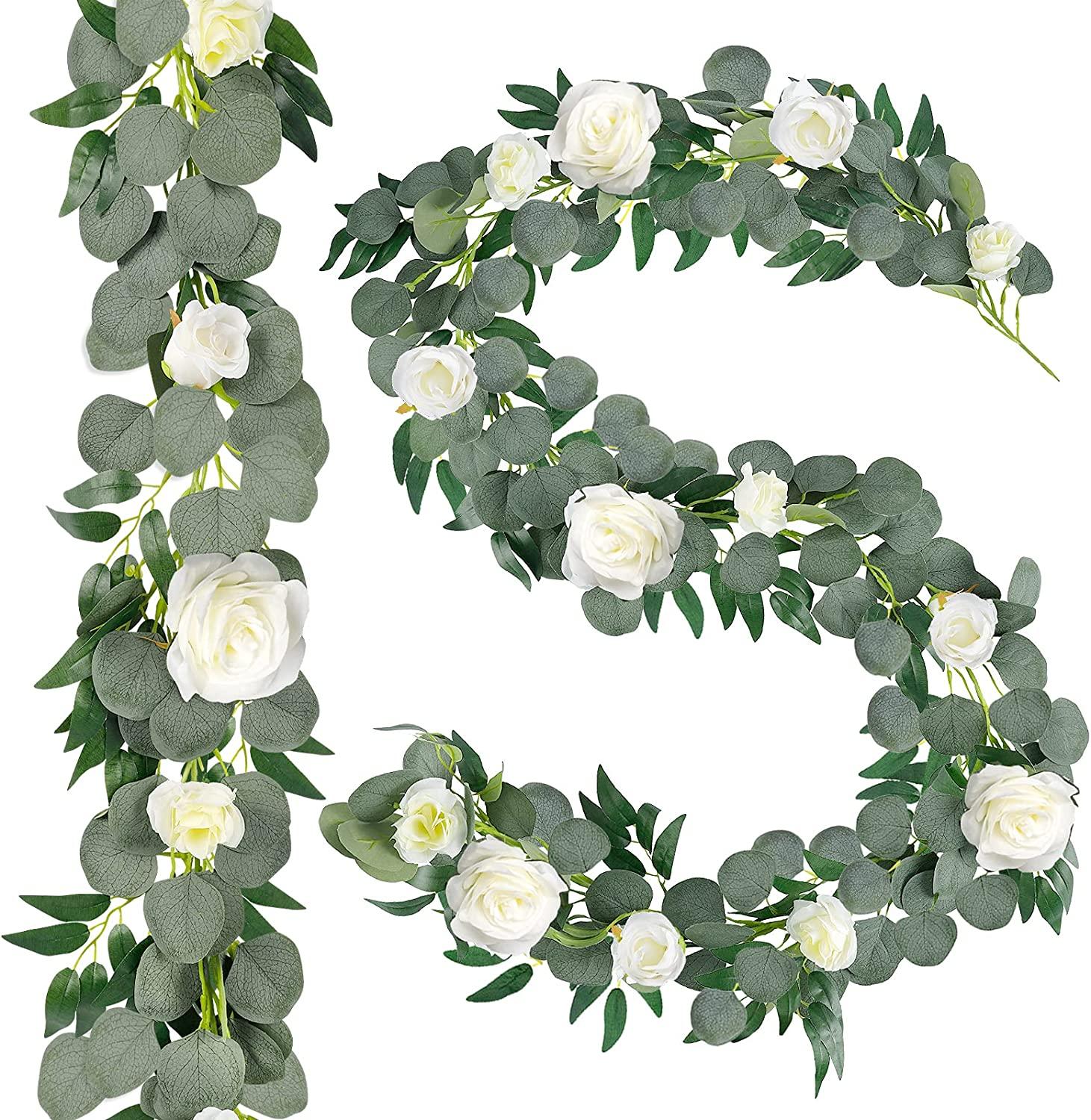 Willow Eucalyptus Garlands with Flowers, Eucalyptus Garland with Artificial Silk Rose Flower Vine - If you say i do