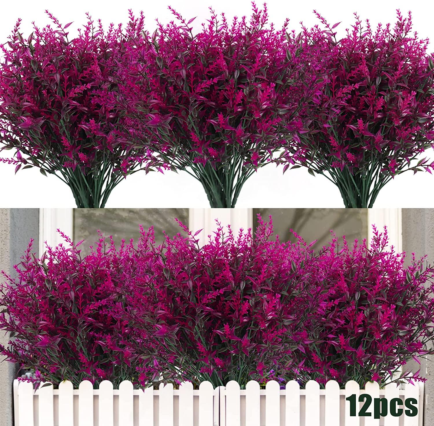 plastic outdoor plants and flowers 12pcs Outdoor Artificial Plant UV Resistant Fake Stems Plants, Faux Plastic Greenery for Hanging Plants Garden