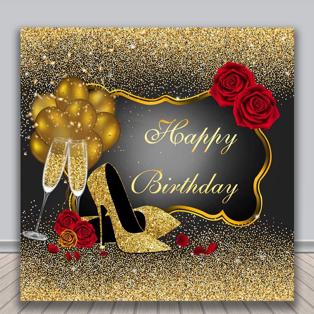 Happy Birthday Backdrop Glitter Gold Red Rose Floral Golden Balloons - If you say i do
