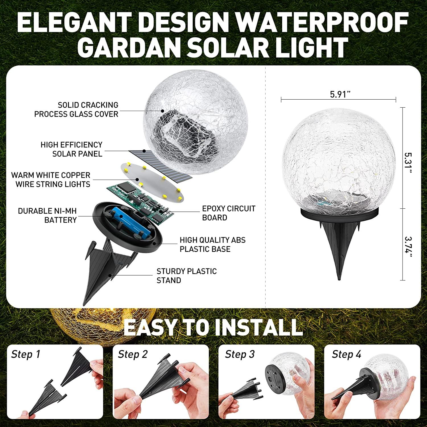 Garden Solar Lights, Cracked Glass Ball Waterproof Warm White LED for Outdoor Decor - If you say i do
