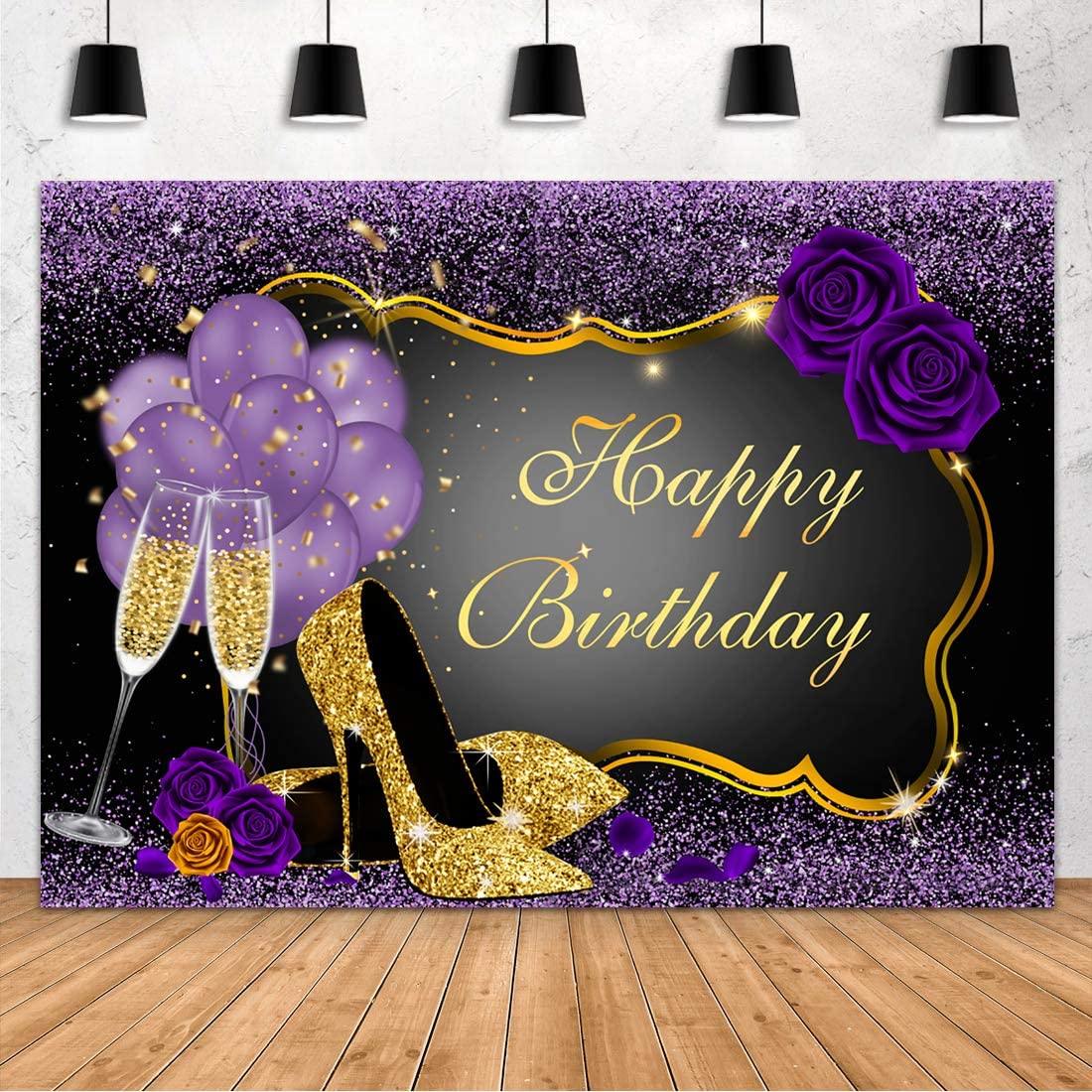 Sweet Purple Happy Birthday Backdrop Rose Shiny Sequin High Heels Champagne Golden Frame Glasses Photography Background - If you say i do