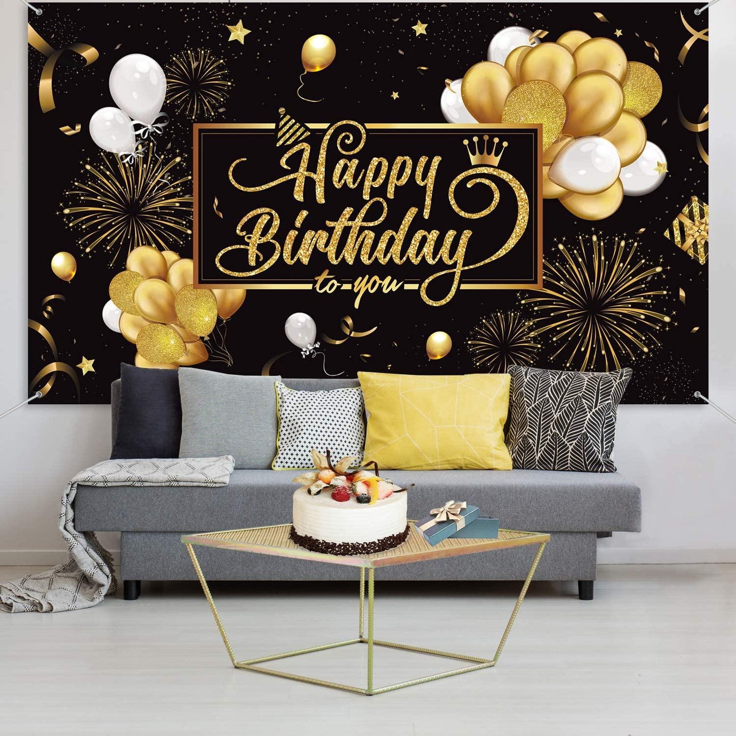 Happy Birthday Backdrop Banner Black and Gold Sign Poster Large Fabric - If you say i do