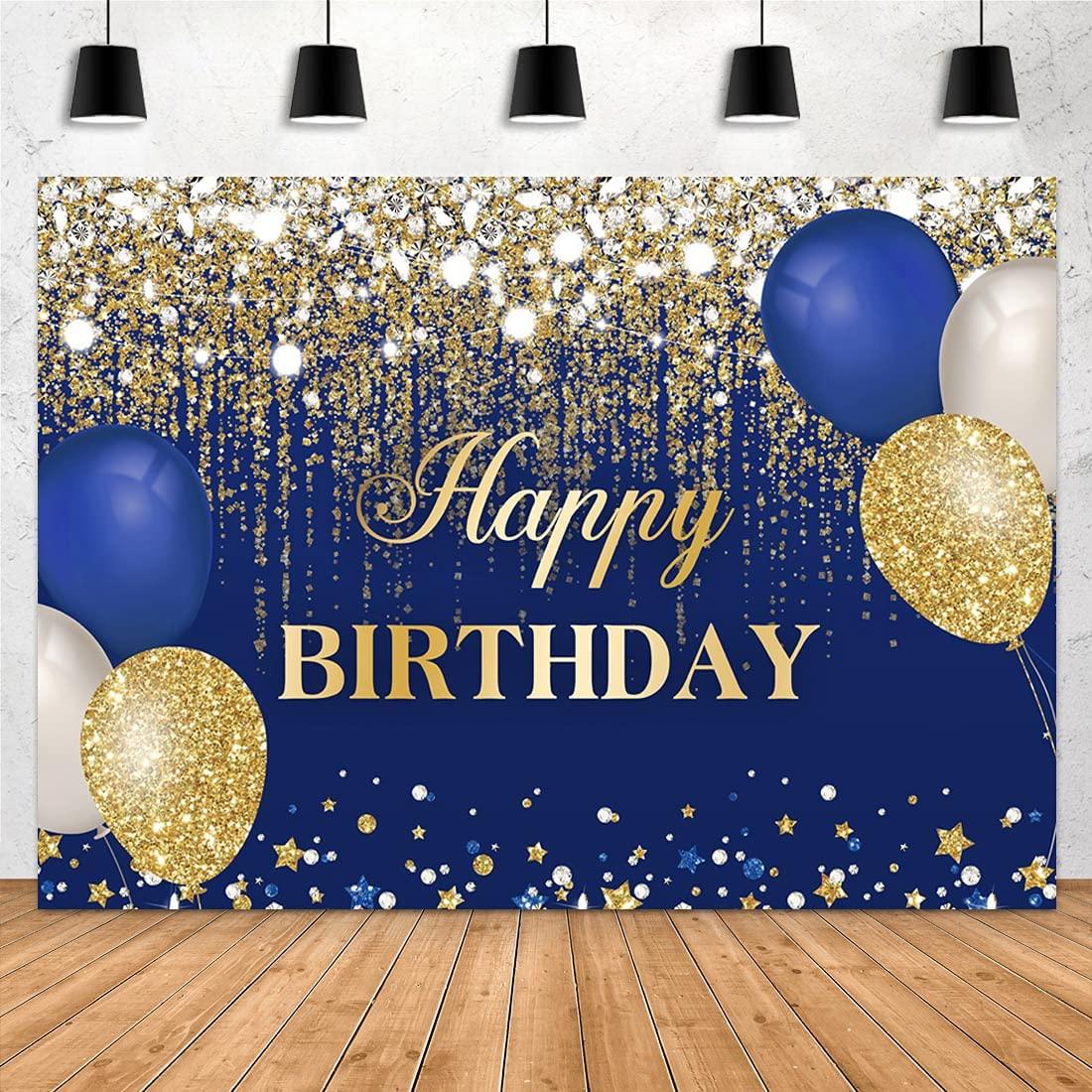 Blue and Gold Happy Birthday Backdrop Glitter Golden Dots Diamonds Balloons Sweet 16 Bday Photography Background - If you say i do