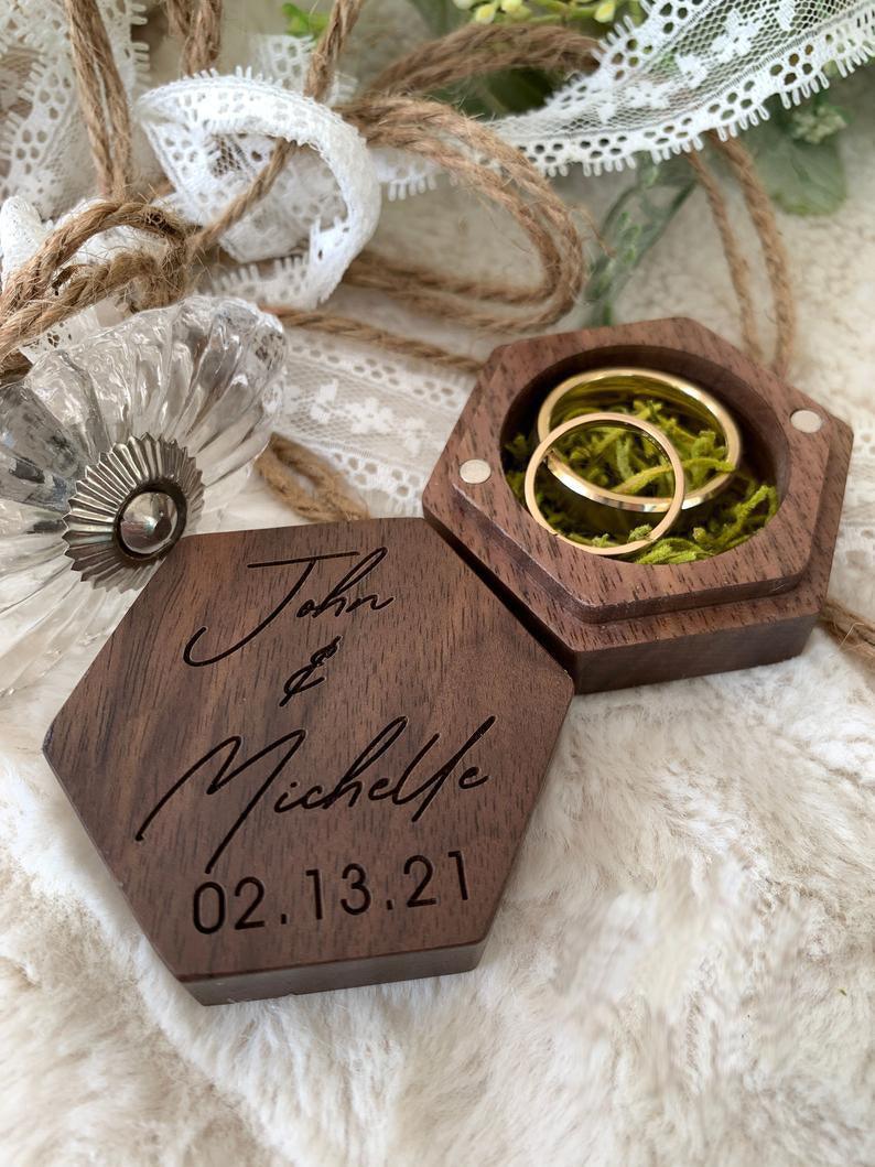 Custom Hexagon Ring Pillow Alternative, Wooden Ring Box, Proposal Ring Box, Engraved Hexagon Ring Bearer Box - If you say i do