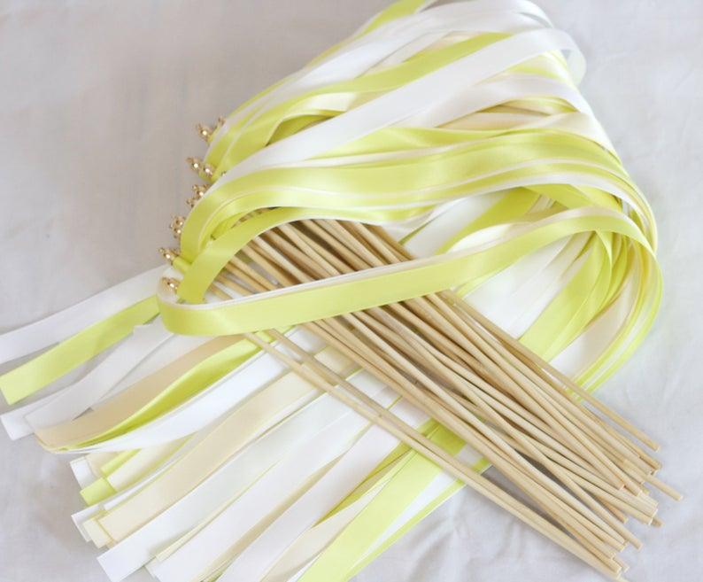 White Buttermilk Pineapple Ribbon and Bell Wedding Wands, Ribbon Sticks, Magic Fairy Wands - If you say i do