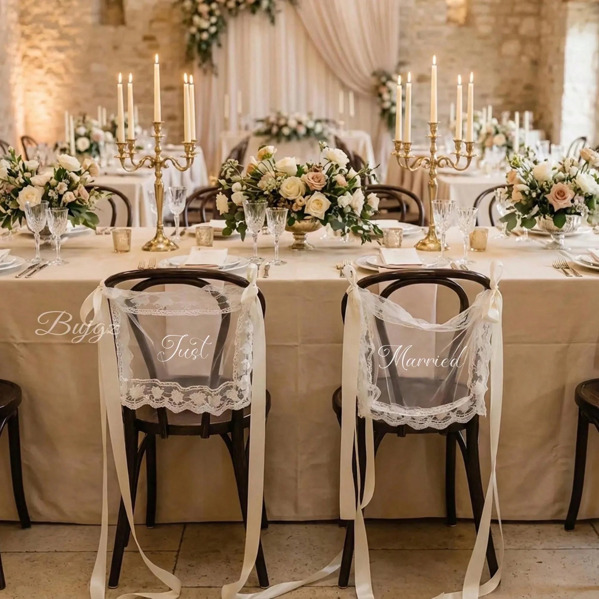 1 Set Bride & Groom/Newly Wedded Wedding Chair Signs - Elegant Lace Chair Back Decor With White Satin Ribbons, Romantic Outdoor Ceremony Reception Chair Sash, Rustic Garden Spring/Summer Wedding Decor, Newlywed Table, Wedding Party Decorations