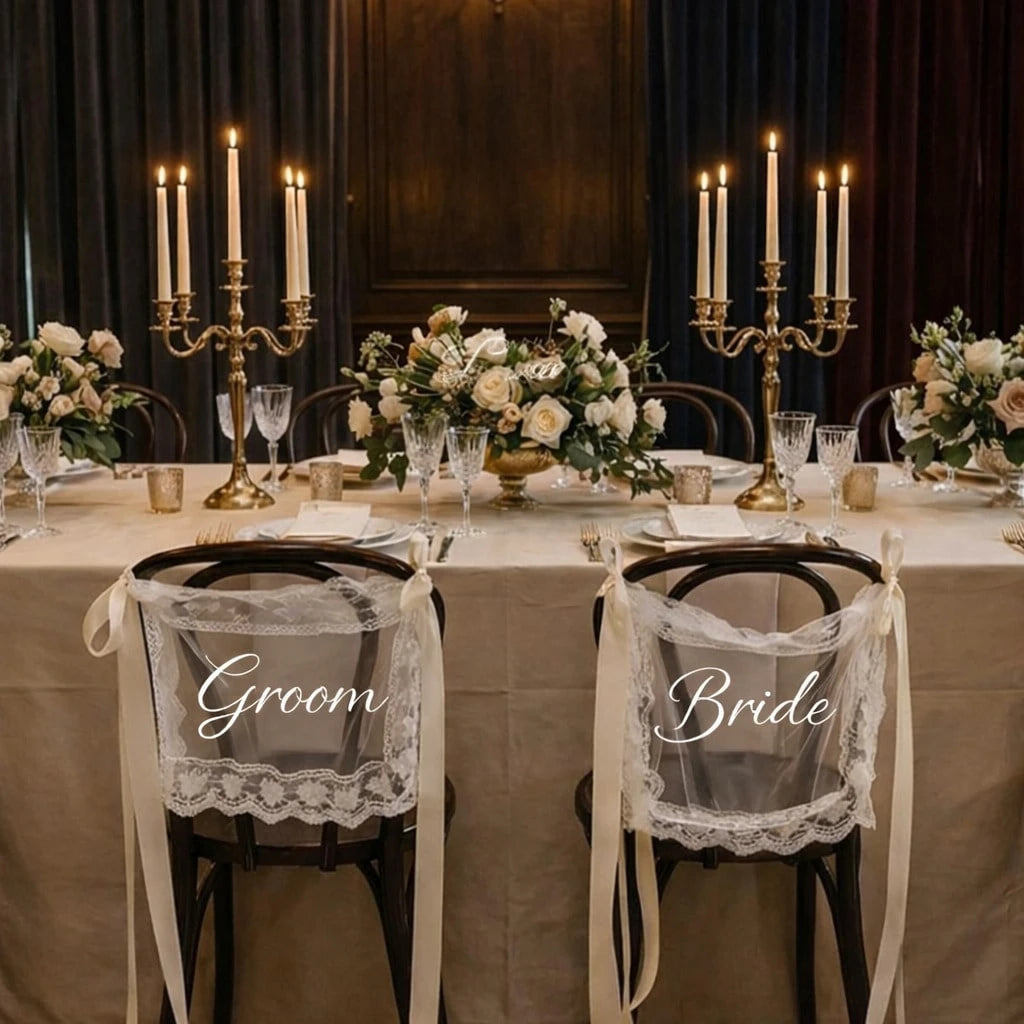 1 Set Bride & Groom/Newly Wedded Wedding Chair Signs - Elegant Lace Chair Back Decor With White Satin Ribbons, Romantic Outdoor Ceremony Reception Chair Sash, Rustic Garden Spring/Summer Wedding Decor, Newlywed Table, Wedding Party Decorations