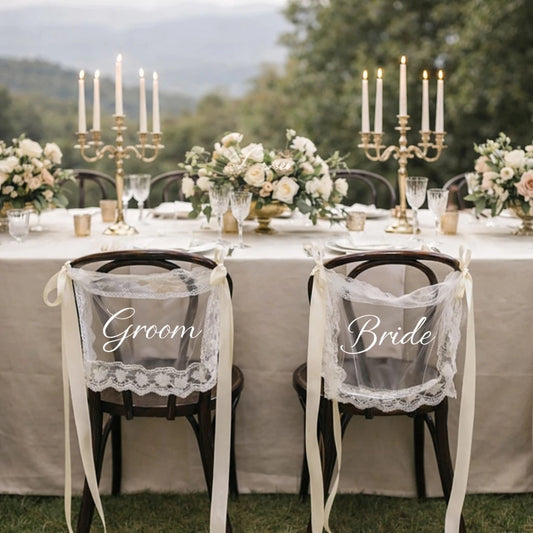 1 Set Bride & Groom/Newly Wedded Wedding Chair Signs - Elegant Lace Chair Back Decor With White Satin Ribbons, Romantic Outdoor Ceremony Reception Chair Sash, Rustic Garden Spring/Summer Wedding Decor, Newlywed Table, Wedding Party Decorations