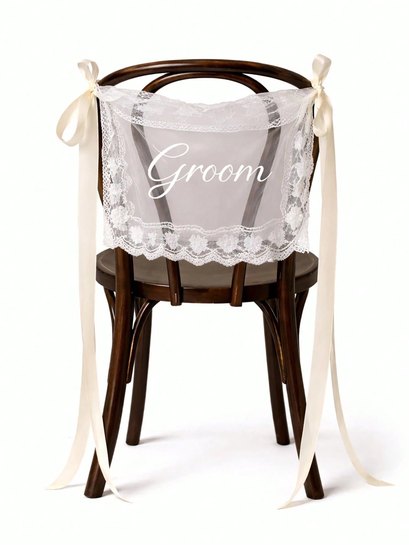 1 Set Bride & Groom/Newly Wedded Wedding Chair Signs - Elegant Lace Chair Back Decor With White Satin Ribbons, Romantic Outdoor Ceremony Reception Chair Sash, Rustic Garden Spring/Summer Wedding Decor, Newlywed Table, Wedding Party Decorations