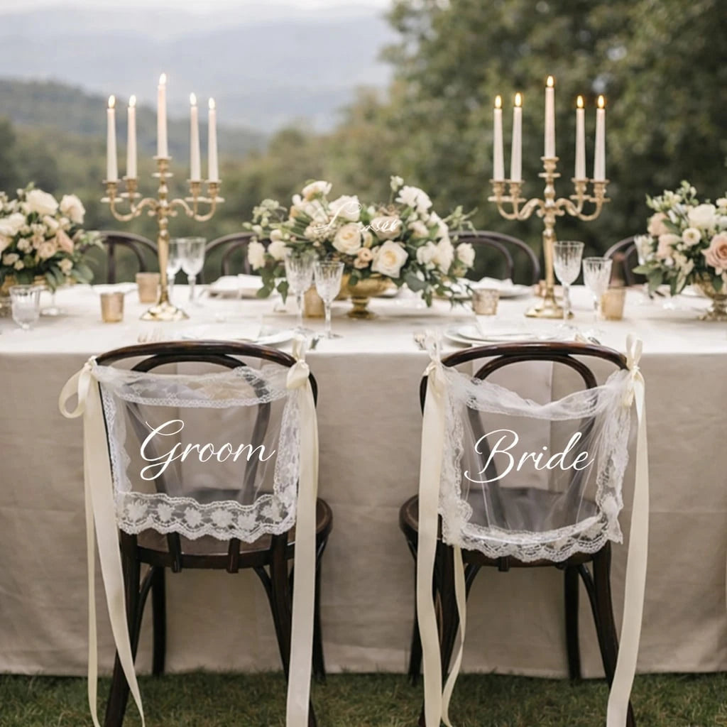 1 Set Bride & Groom/Newly Wedded Wedding Chair Signs - Elegant Lace Chair Back Decor With White Satin Ribbons, Romantic Outdoor Ceremony Reception Chair Sash, Rustic Garden Spring/Summer Wedding Decor, Newlywed Table, Wedding Party Decorations