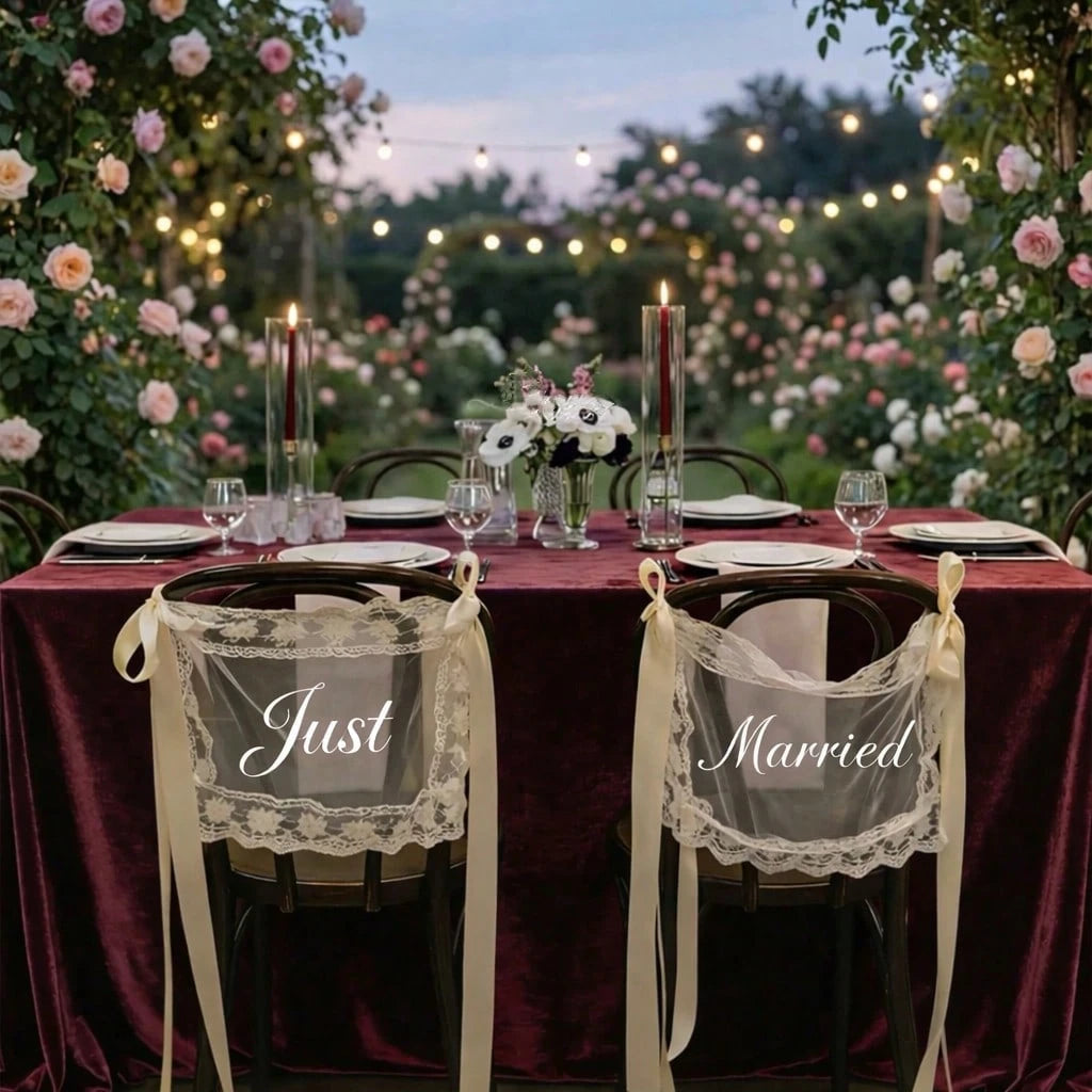 1 Set Bride & Groom/Newly Wedded Wedding Chair Signs - Elegant Lace Chair Back Decor With White Satin Ribbons, Romantic Outdoor Ceremony Reception Chair Sash, Rustic Garden Spring/Summer Wedding Decor, Newlywed Table, Wedding Party Decorations