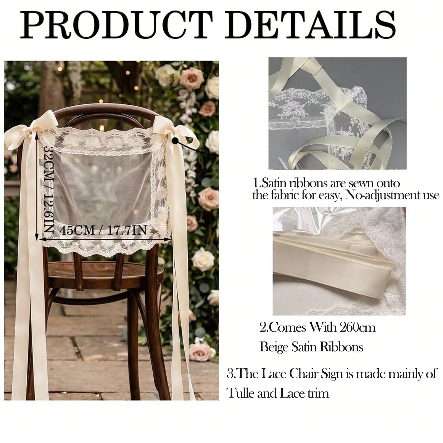 1 Set Bride & Groom/Newly Wedded Wedding Chair Signs - Elegant Lace Chair Back Decor With White Satin Ribbons, Romantic Outdoor Ceremony Reception Chair Sash, Rustic Garden Spring/Summer Wedding Decor, Newlywed Table, Wedding Party Decorations