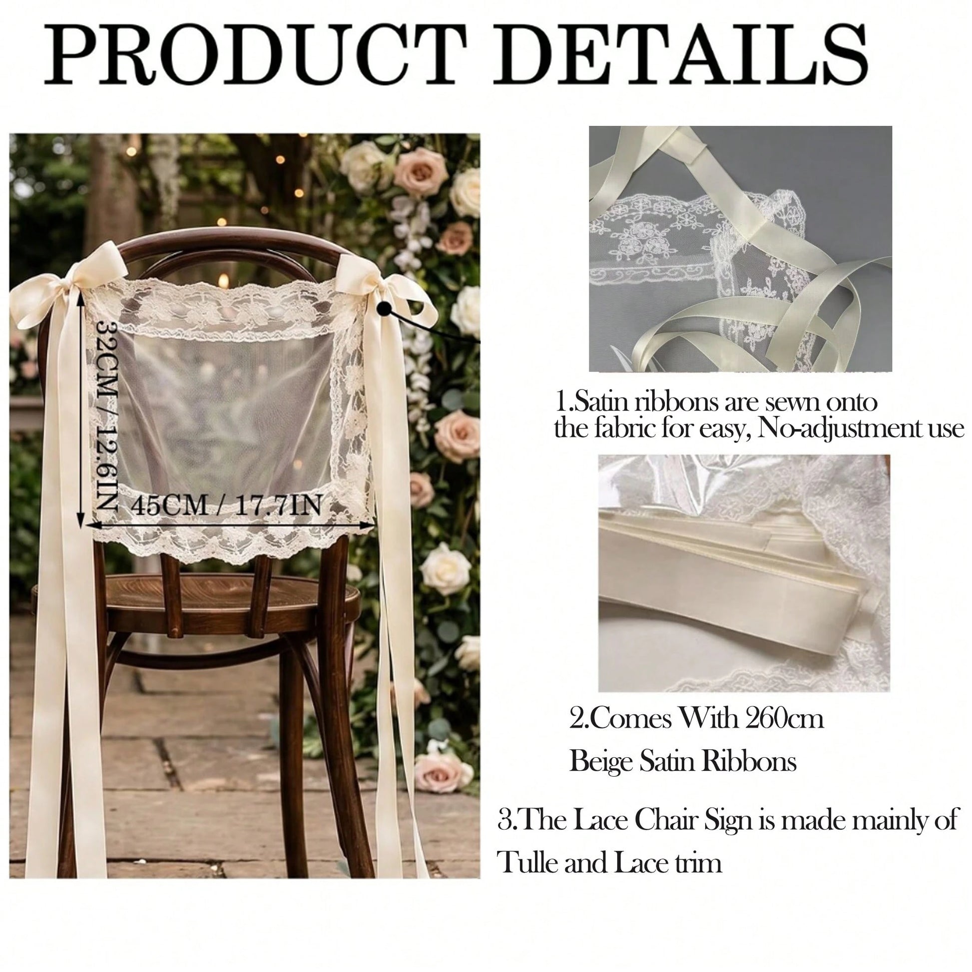 1 Set Bride & Groom/Newly Wedded Wedding Chair Signs - Elegant Lace Chair Back Decor With White Satin Ribbons, Romantic Outdoor Ceremony Reception Chair Sash, Rustic Garden Spring/Summer Wedding Decor, Newlywed Table, Wedding Party Decorations