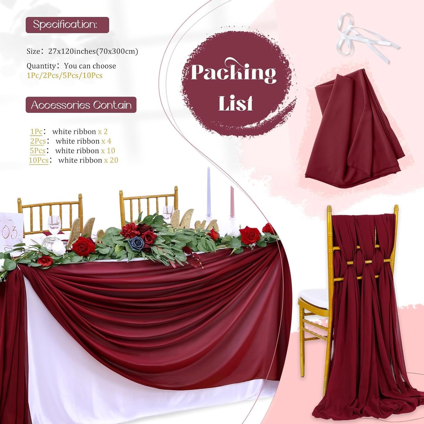 10ft Burgundy Chiffon Table Runner 27x120 Inch Long Sheer Table Runner for Boho Wedding Reception Bridal Shower Table Decorations