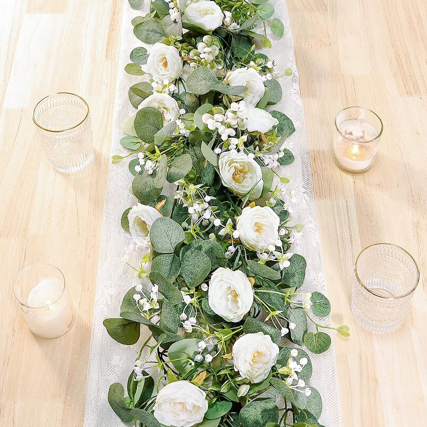 5pcs Artificial Eucalyptus Flower Garland with White Roses, Fake Rose Flower Greenery Garland Floral Vines for Wedding Home Party Table Runner Decor