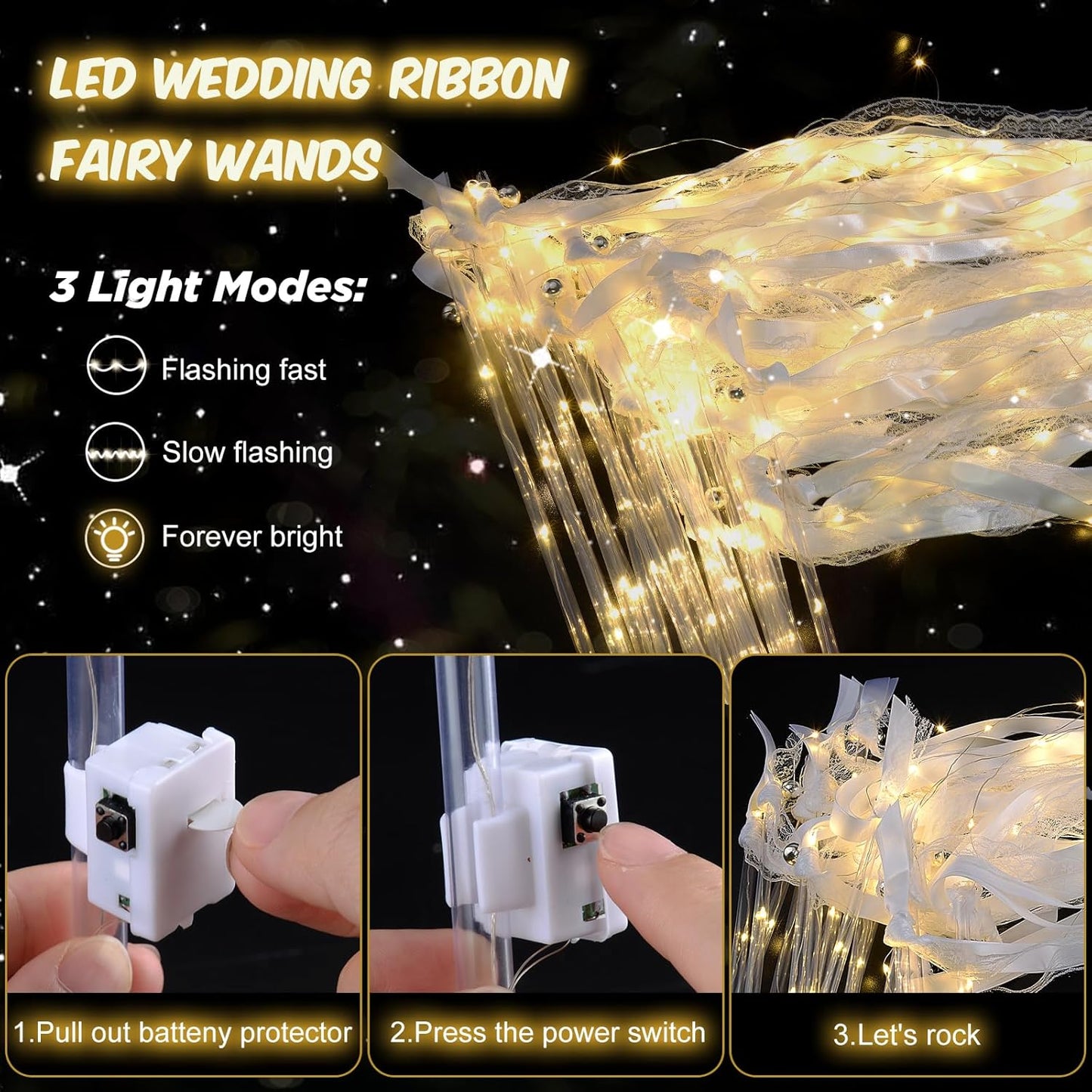 LED Wedding Ribbon Wands with Bells | Light Up Silk Fairy Streamers Wedding Send Off